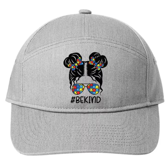 Be Kind Messy Bun Girls Kids Autism Awareness Kindness Month 7-Panel Snapback Hat