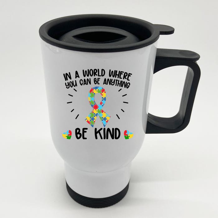 Be Kind Motivational Autism Awareness Slogan Autism Puzzle Message Front & Back Stainless Steel Travel Mug