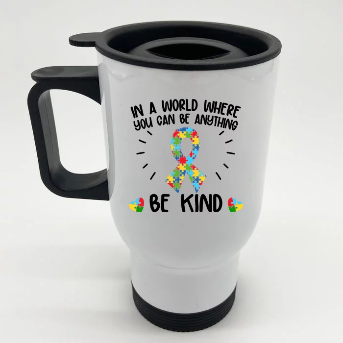 Be Kind Motivational Autism Awareness Slogan Autism Puzzle Message Front & Back Stainless Steel Travel Mug