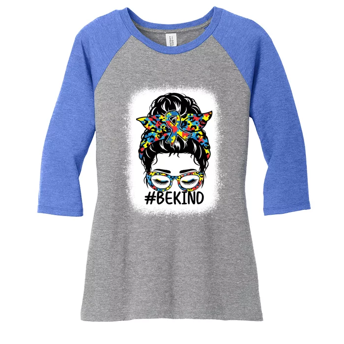 Be Kind Messy Bun Autism Awareness Kindness Month Bleached Gift Women's Tri-Blend 3/4-Sleeve Raglan Shirt