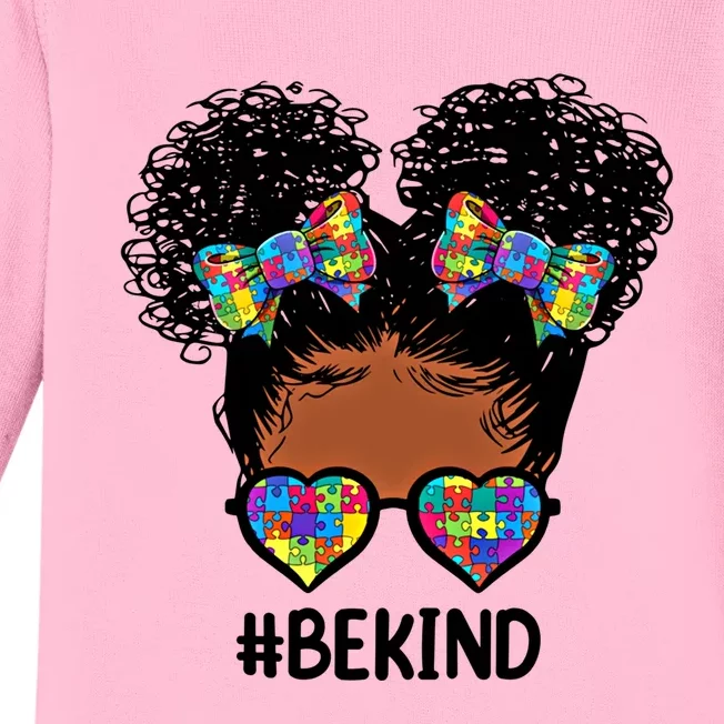 Be Kind Messy Bun Autism Awareness Gift For Black Gift Baby Long Sleeve Bodysuit