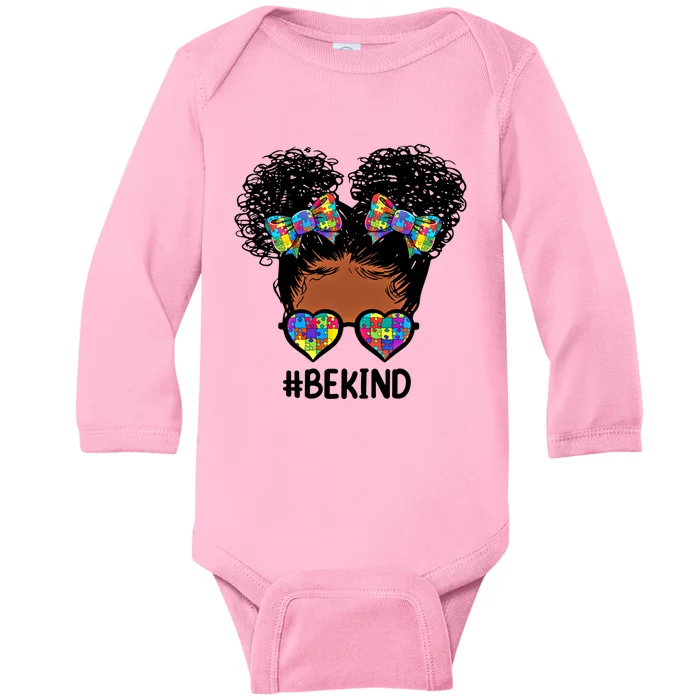 Be Kind Messy Bun Autism Awareness Gift For Black Gift Baby Long Sleeve Bodysuit