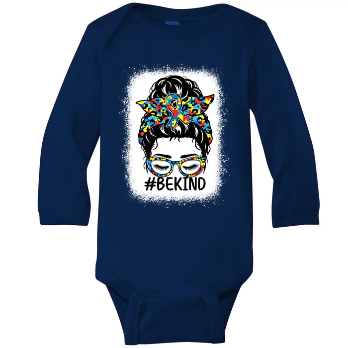 Be Kind Messy Bun Autism Awareness Kindness Month Bleached Cute Gift Baby Long Sleeve Bodysuit