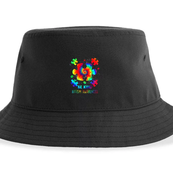 Be Kind Puzzle Pieces Tie Dye Autism Awareness Sustainable Bucket Hat