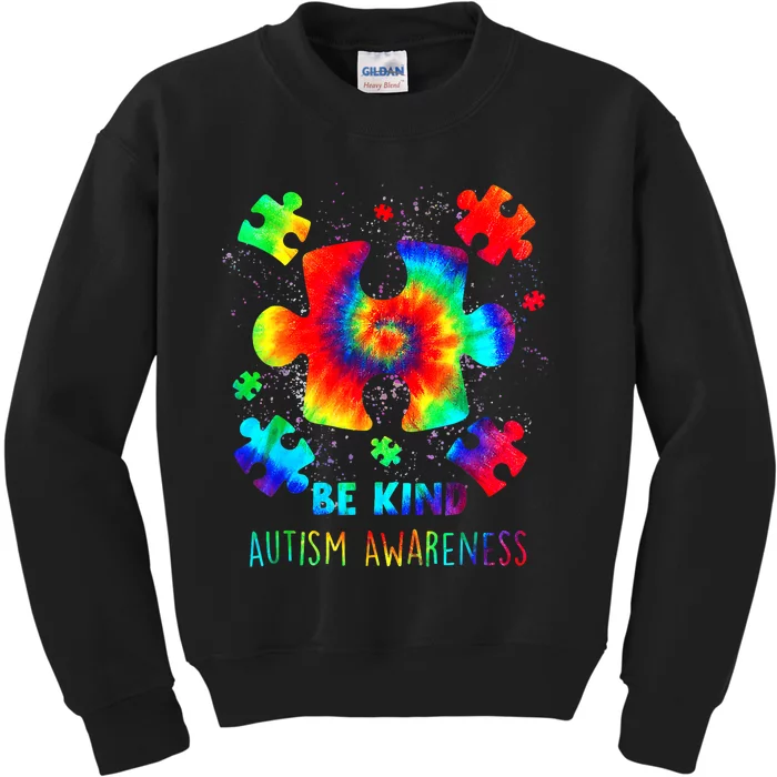 Be Kind Puzzle Pieces Tie Dye Autism Awareness Kids Sweatshirt