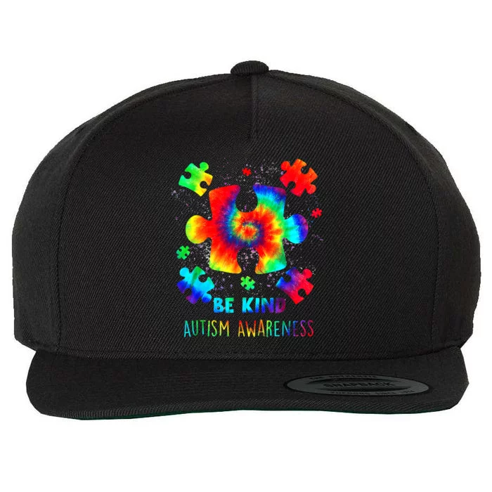 Be Kind Puzzle Pieces Tie Dye Autism Awareness Wool Snapback Cap