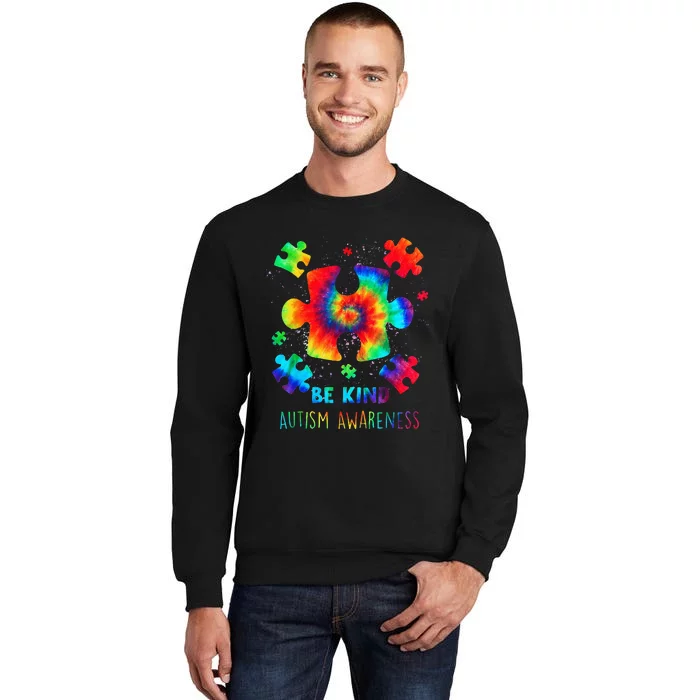 Be Kind Puzzle Pieces Tie Dye Autism Awareness Tall Sweatshirt