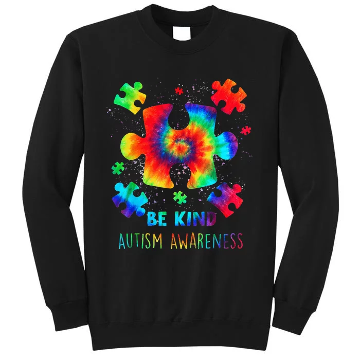 Be Kind Puzzle Pieces Tie Dye Autism Awareness Tall Sweatshirt