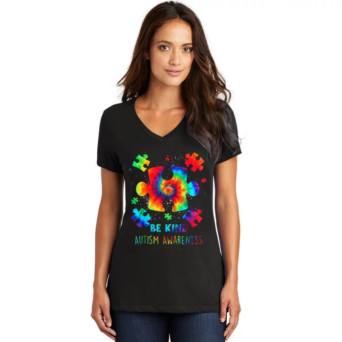 Be Kind Puzzle Pieces Tie Dye Autism Awareness Women's V-Neck T-Shirt