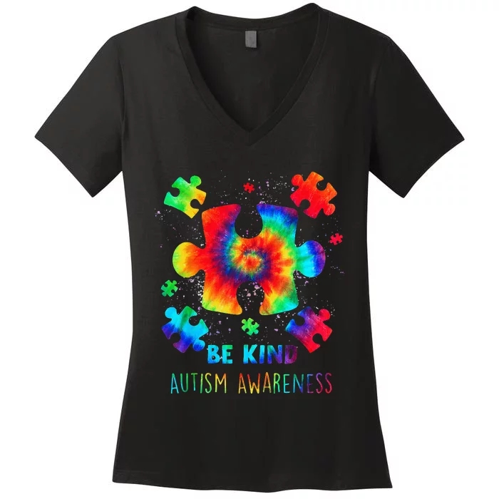 Be Kind Puzzle Pieces Tie Dye Autism Awareness Women's V-Neck T-Shirt