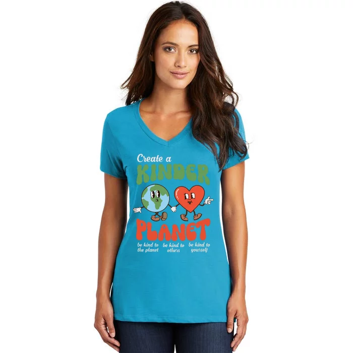 Be Kind Planet Save Earth Day Retro Groovy Environment Women's V-Neck T-Shirt