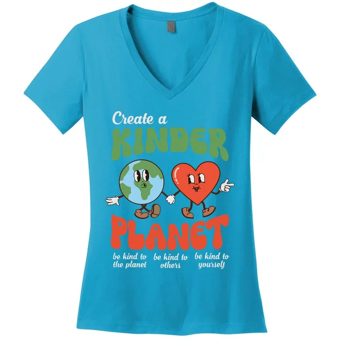 Be Kind Planet Save Earth Day Retro Groovy Environment Women's V-Neck T-Shirt