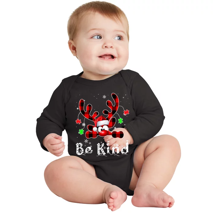 Be Kind Reindeer Red Plaid Puzzle Autism Awareness Christmas Baby Long Sleeve Bodysuit