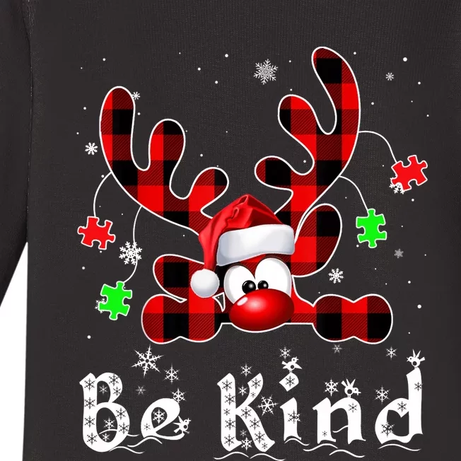 Be Kind Reindeer Red Plaid Puzzle Autism Awareness Christmas Baby Long Sleeve Bodysuit