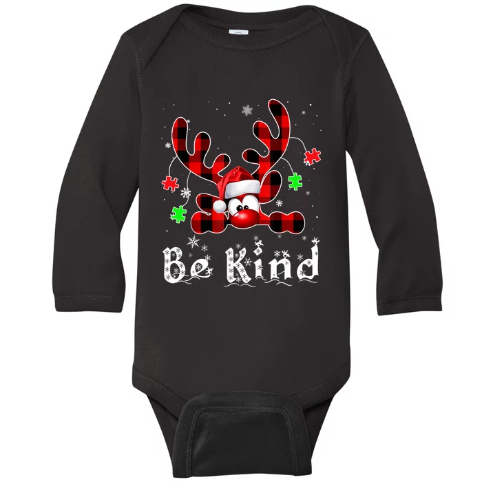 Be Kind Reindeer Red Plaid Puzzle Autism Awareness Christmas Baby Long Sleeve Bodysuit