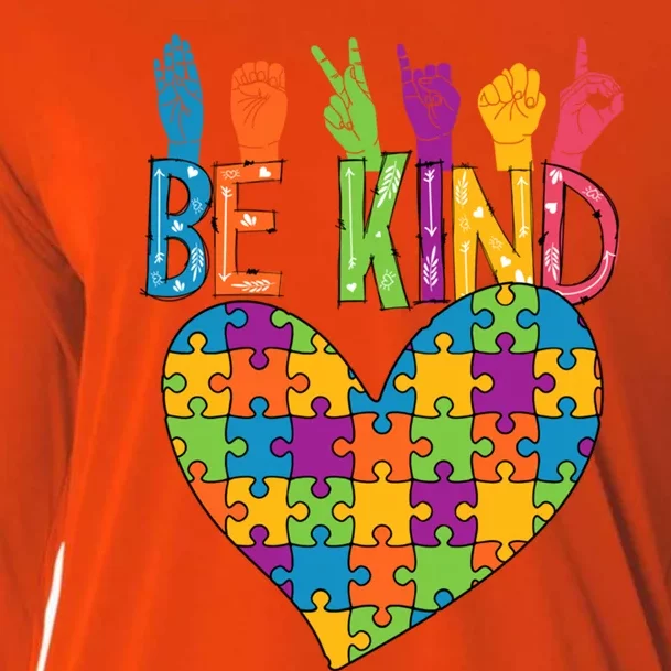 Be Kind Sign Language Heart Puzzle Piece Teachers Asl Autism Meaningful Gift Cooling Performance Long Sleeve Crew