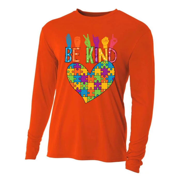 Be Kind Sign Language Heart Puzzle Piece Teachers Asl Autism Meaningful Gift Cooling Performance Long Sleeve Crew