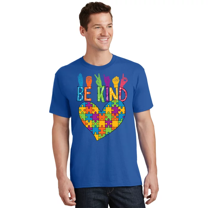 Be Kind Sign Language Heart Puzzle Piece Teachers Asl Autism Meaningful Gift T-Shirt