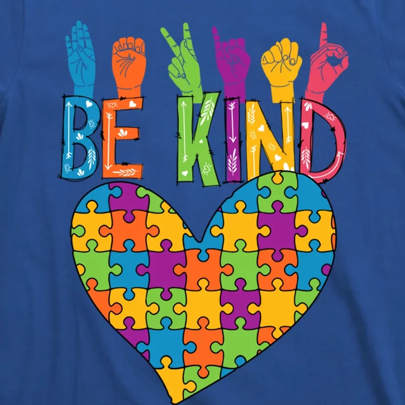 Be Kind Sign Language Heart Puzzle Piece Teachers Asl Autism Meaningful Gift T-Shirt