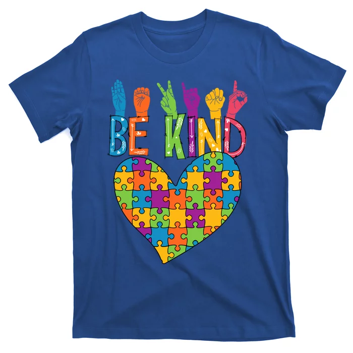 Be Kind Sign Language Heart Puzzle Piece Teachers Asl Autism Meaningful Gift T-Shirt