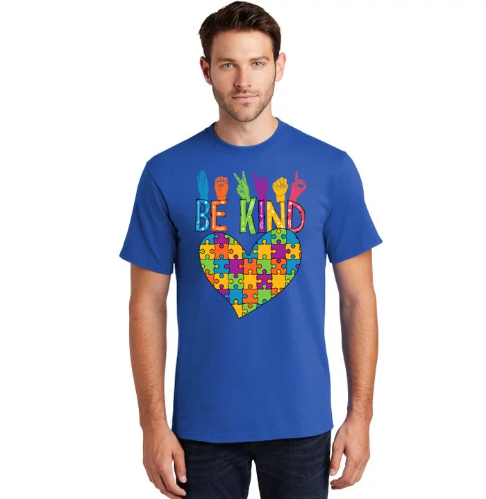 Be Kind Sign Language Heart Puzzle Piece Teachers Asl Autism Meaningful Gift Tall T-Shirt