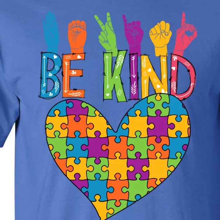 Be Kind Sign Language Heart Puzzle Piece Teachers Asl Autism Meaningful Gift Tall T-Shirt