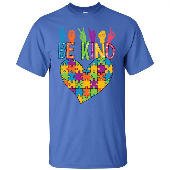 Be Kind Sign Language Heart Puzzle Piece Teachers Asl Autism Meaningful Gift Tall T-Shirt