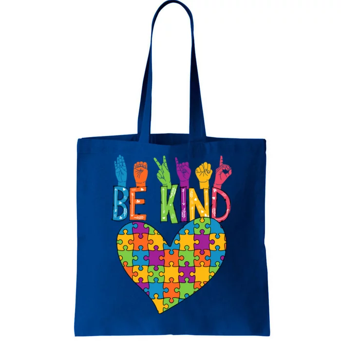 Be Kind Sign Language Heart Puzzle Piece Teachers Asl Autism Meaningful Gift Tote Bag