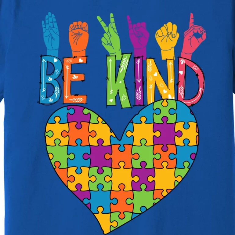 Be Kind Sign Language Heart Puzzle Piece Teachers Asl Autism Meaningful Gift Premium T-Shirt