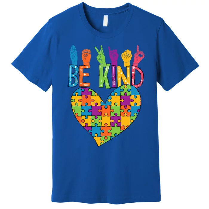 Be Kind Sign Language Heart Puzzle Piece Teachers Asl Autism Meaningful Gift Premium T-Shirt