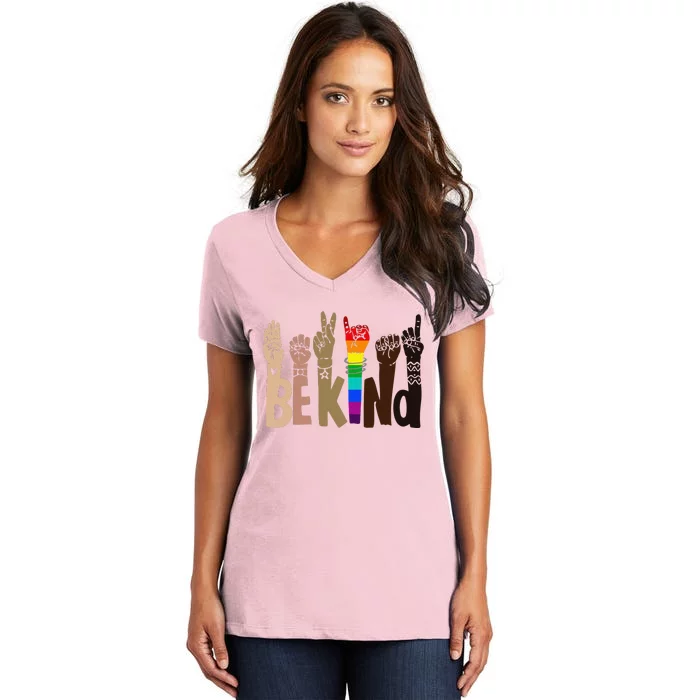 Be Kind Sign Language LGBT AntiRacism Kindness Raise Hand Women's V-Neck T-Shirt