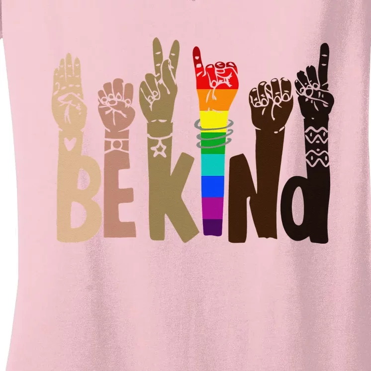 Be Kind Sign Language LGBT AntiRacism Kindness Raise Hand Women's V-Neck T-Shirt