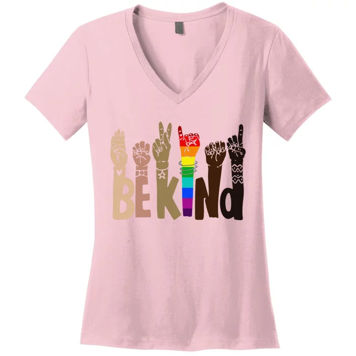 Be Kind Sign Language LGBT AntiRacism Kindness Raise Hand Women's V-Neck T-Shirt