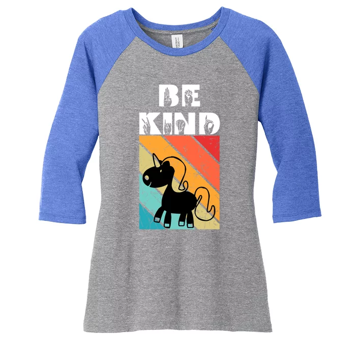 Be Kind Sign Language Unicorn Retro Gift Women's Tri-Blend 3/4-Sleeve Raglan Shirt