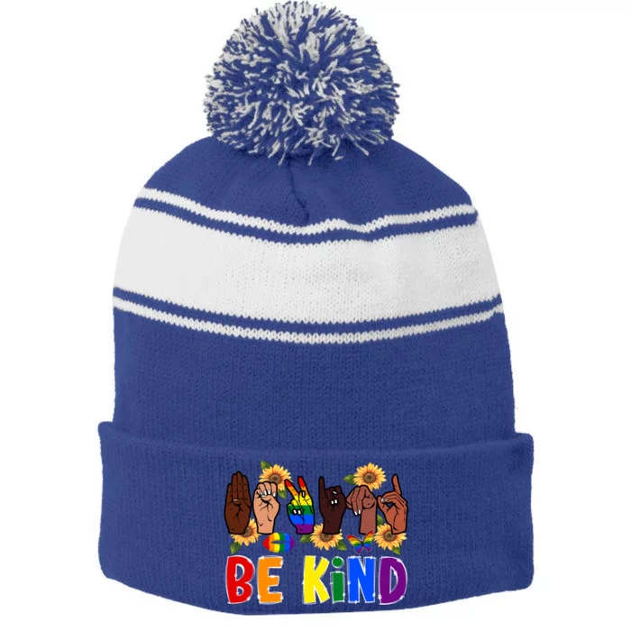 Be Kind Sign Language Hand Lgbt Pride Month Gay Rainbow Gift Stripe Pom Pom Beanie