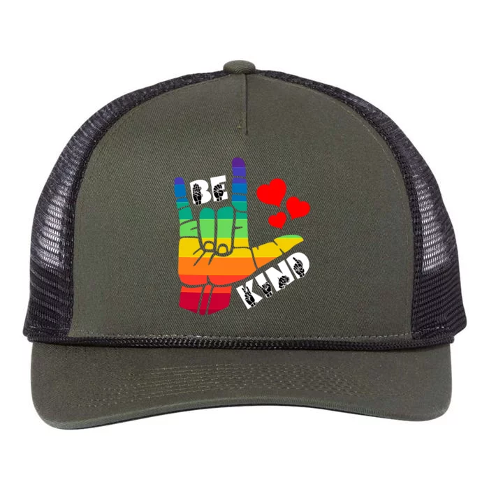 Be Kind Sign Language Rainbow Lgbtq Gift Retro Rope Trucker Hat Cap