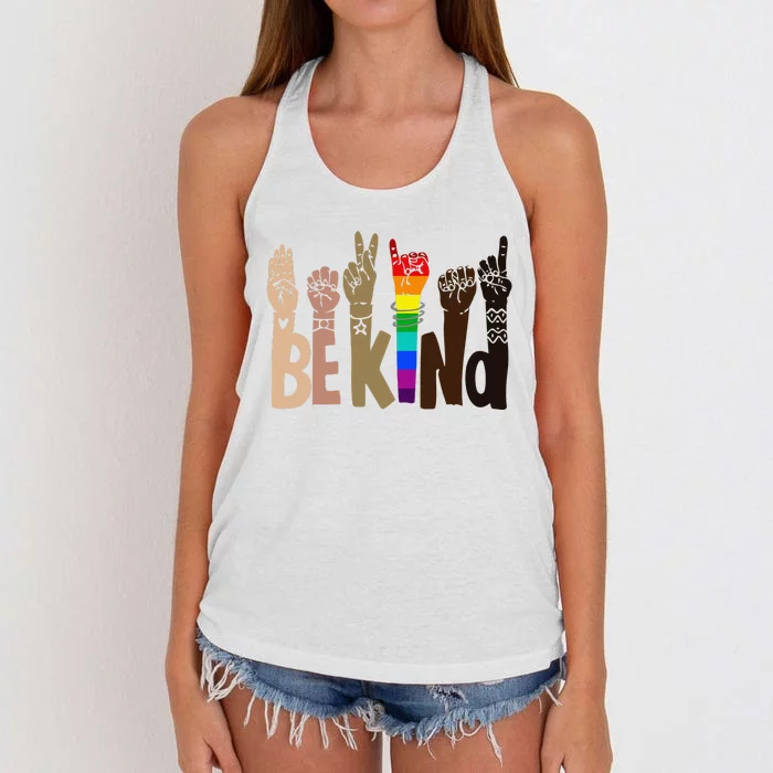 Be Kind Sign Language LGBT Anti-Racism Kindness Raise Hand Women's Knotted Racerback Tank