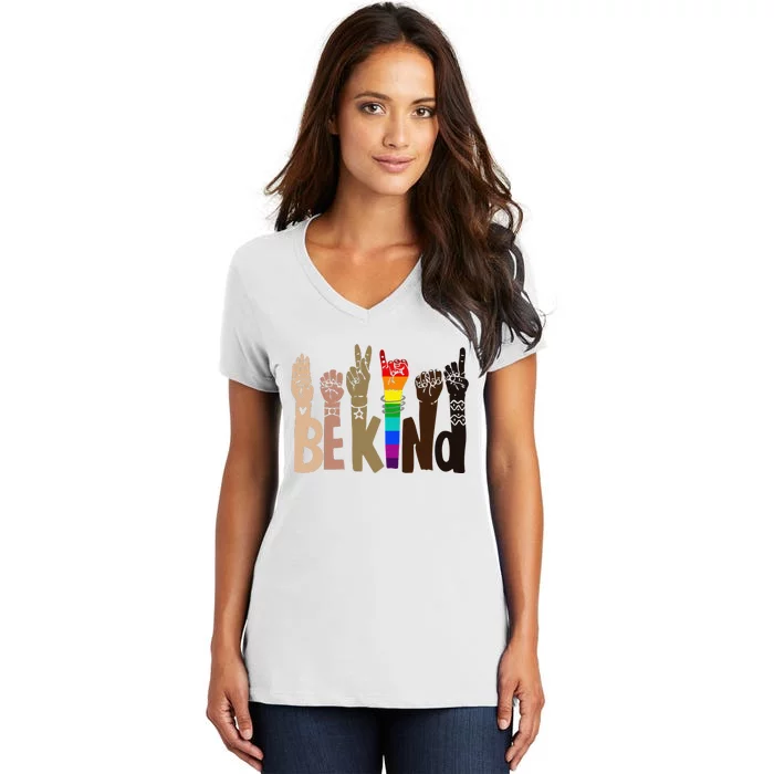 Be Kind Sign Language LGBT Anti-Racism Kindness Raise Hand Women's V-Neck T-Shirt