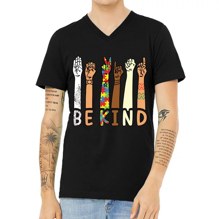 Be Kind Sign Language Hand Talking Teachers Interpreter ASL V-Neck T-Shirt