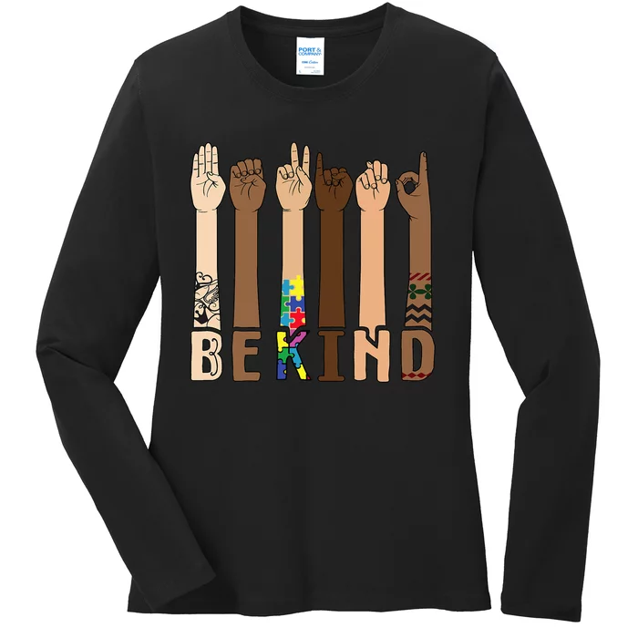 Be Kind Sign Language Hand Talking Teachers Interpreter ASL Ladies Long Sleeve Shirt