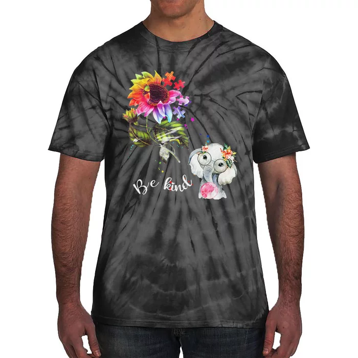 Be Kind Sunflower Elephant Puzzle Pieces Autism Awareness Tie-Dye T-Shirt