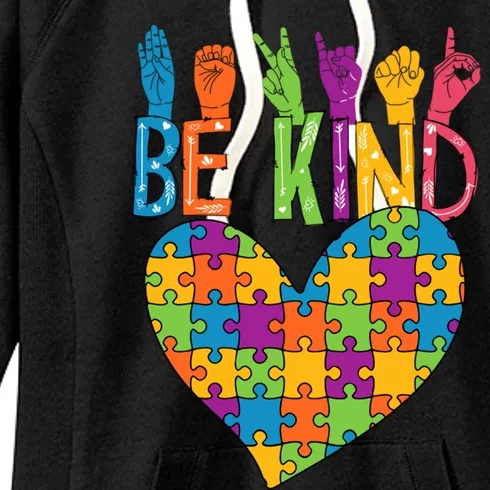 Be Kind Sign Language Heart Puzzle Piece Teachers Asl Autism Gift Women's Fleece Hoodie