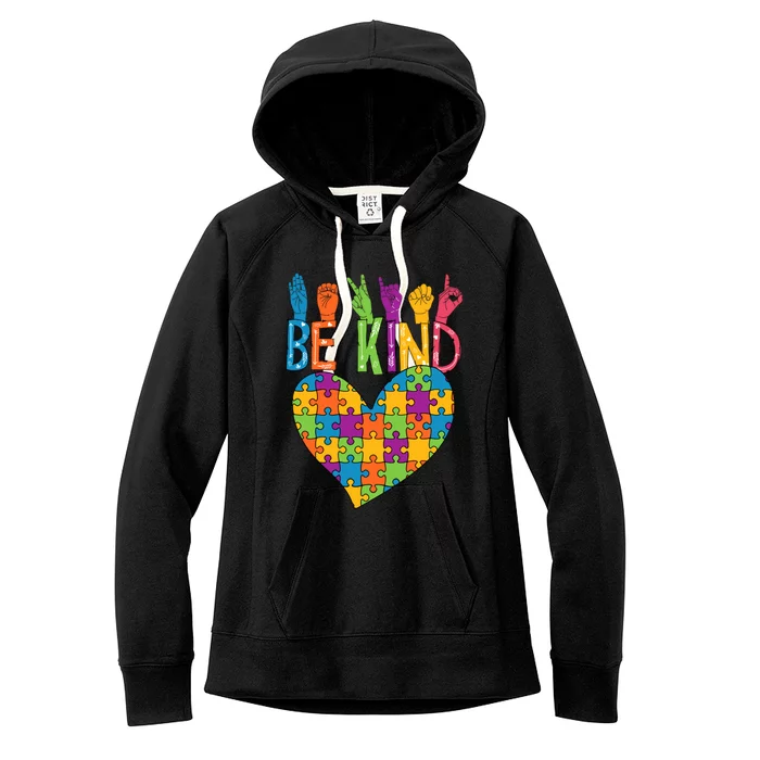 Be Kind Sign Language Heart Puzzle Piece Teachers Asl Autism Gift Women's Fleece Hoodie