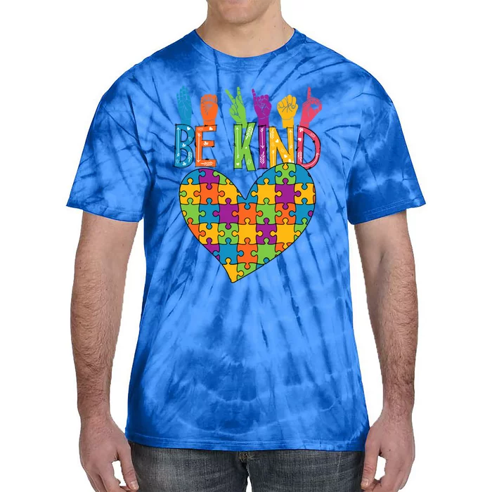 Be Kind Sign Language Heart Puzzle Piece Teachers Asl Autism Gift Tie-Dye T-Shirt