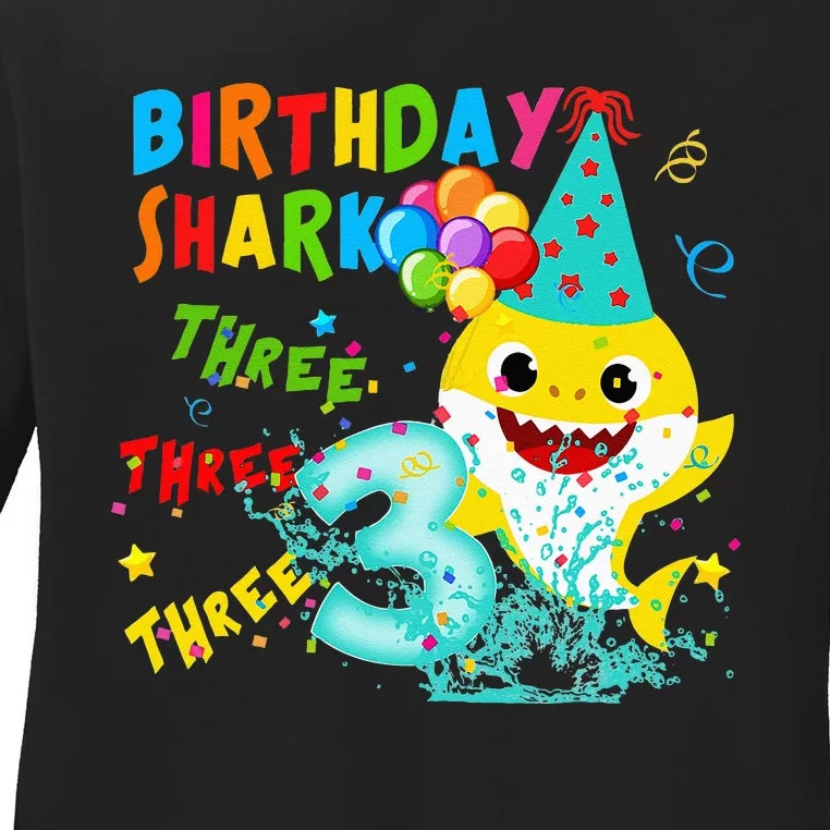 Birthday Kids Shark 3 Year Old 3rd Birthday Matching Family Ladies Long Sleeve Shirt