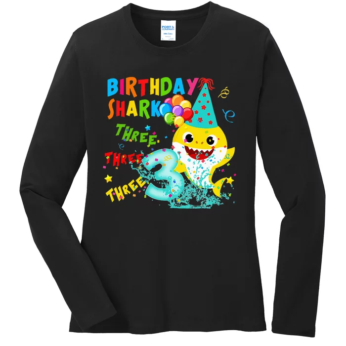 Birthday Kids Shark 3 Year Old 3rd Birthday Matching Family Ladies Long Sleeve Shirt