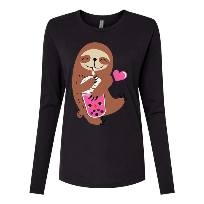 Bubble Kawaii Sloth Drinking Boba Tea Womens Cotton Relaxed Long Sleeve T-Shirt