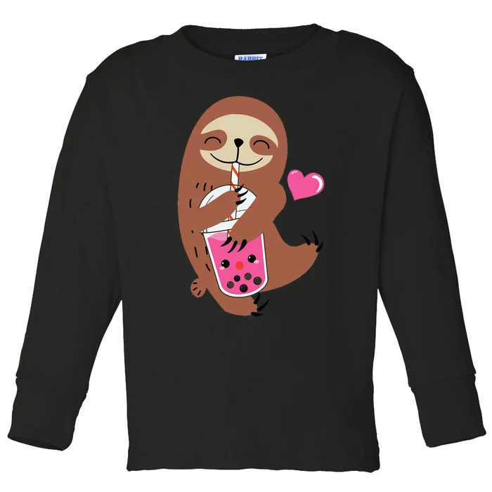 Bubble Kawaii Sloth Drinking Boba Tea Toddler Long Sleeve Shirt