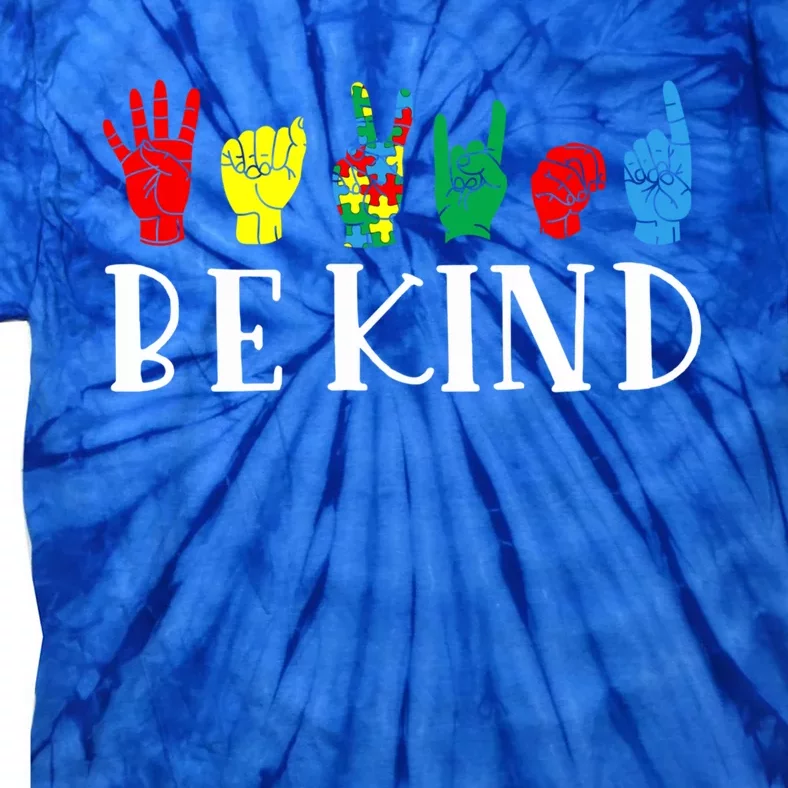 Be Kind Sign Language Autism Awareness Month Puzzle Piece Gift Tie-Dye T-Shirt