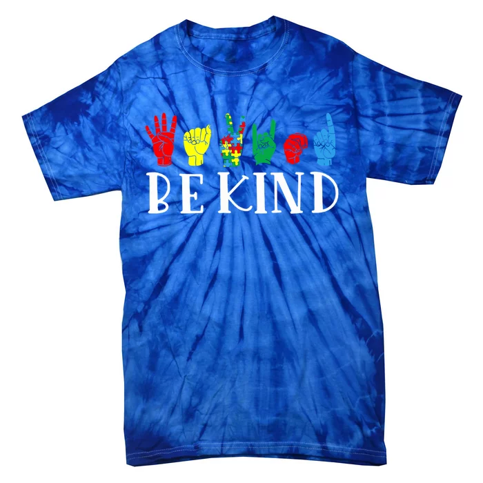 Be Kind Sign Language Autism Awareness Month Puzzle Piece Gift Tie-Dye T-Shirt